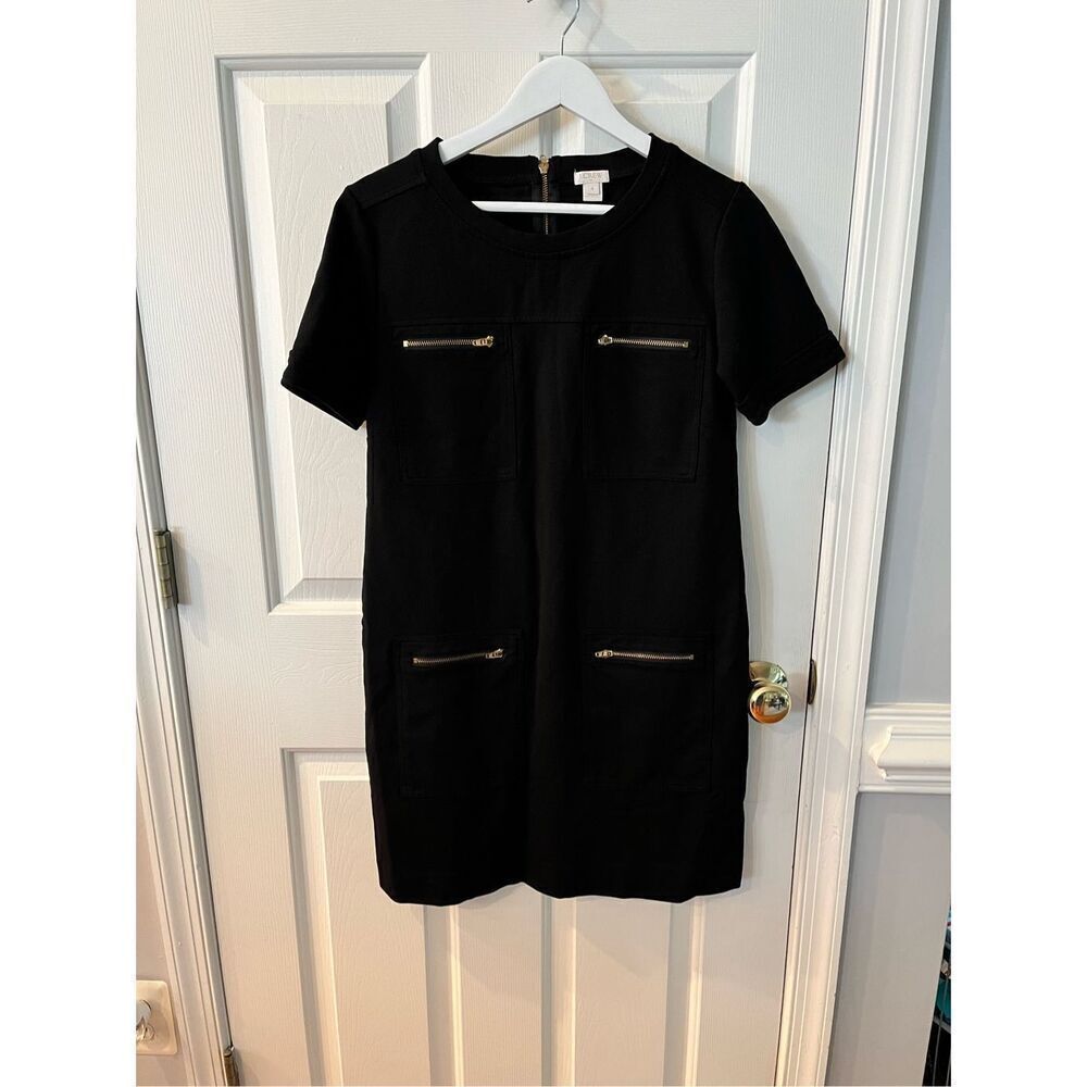J. Crew Black Zipper Embellished Short Sleeve Sheath Career Dress sz 4 EUC